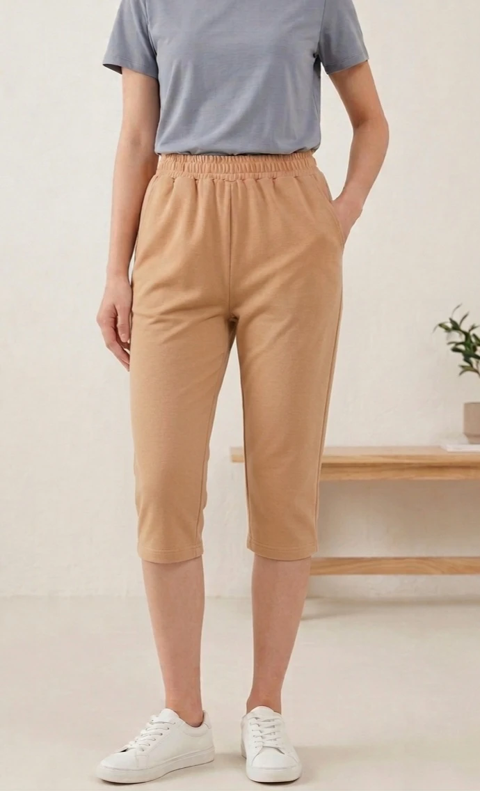 Beige Ribbed Capri Pants