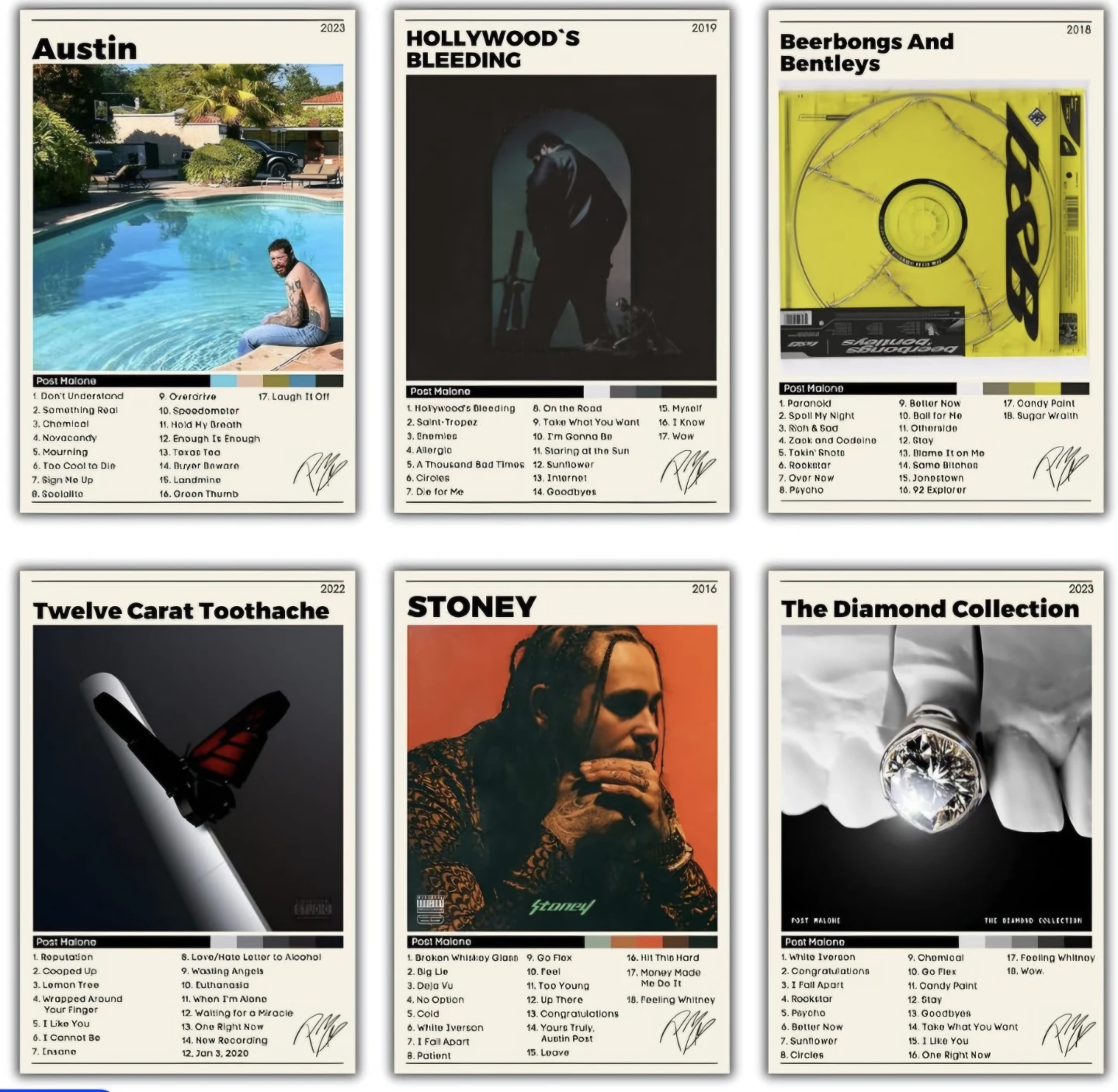 Post Malone Album Art Prints on Canvas (8x12, Set of 6)