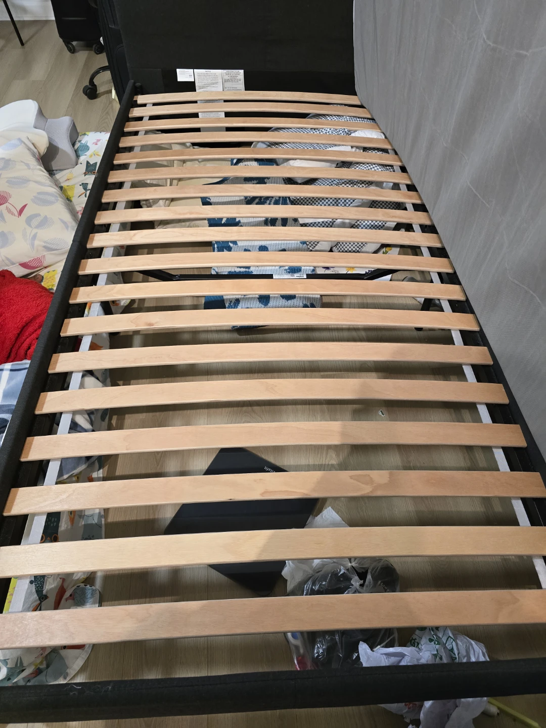 IKEA slattum Black upholstered bed frame with wood slats - photo 2