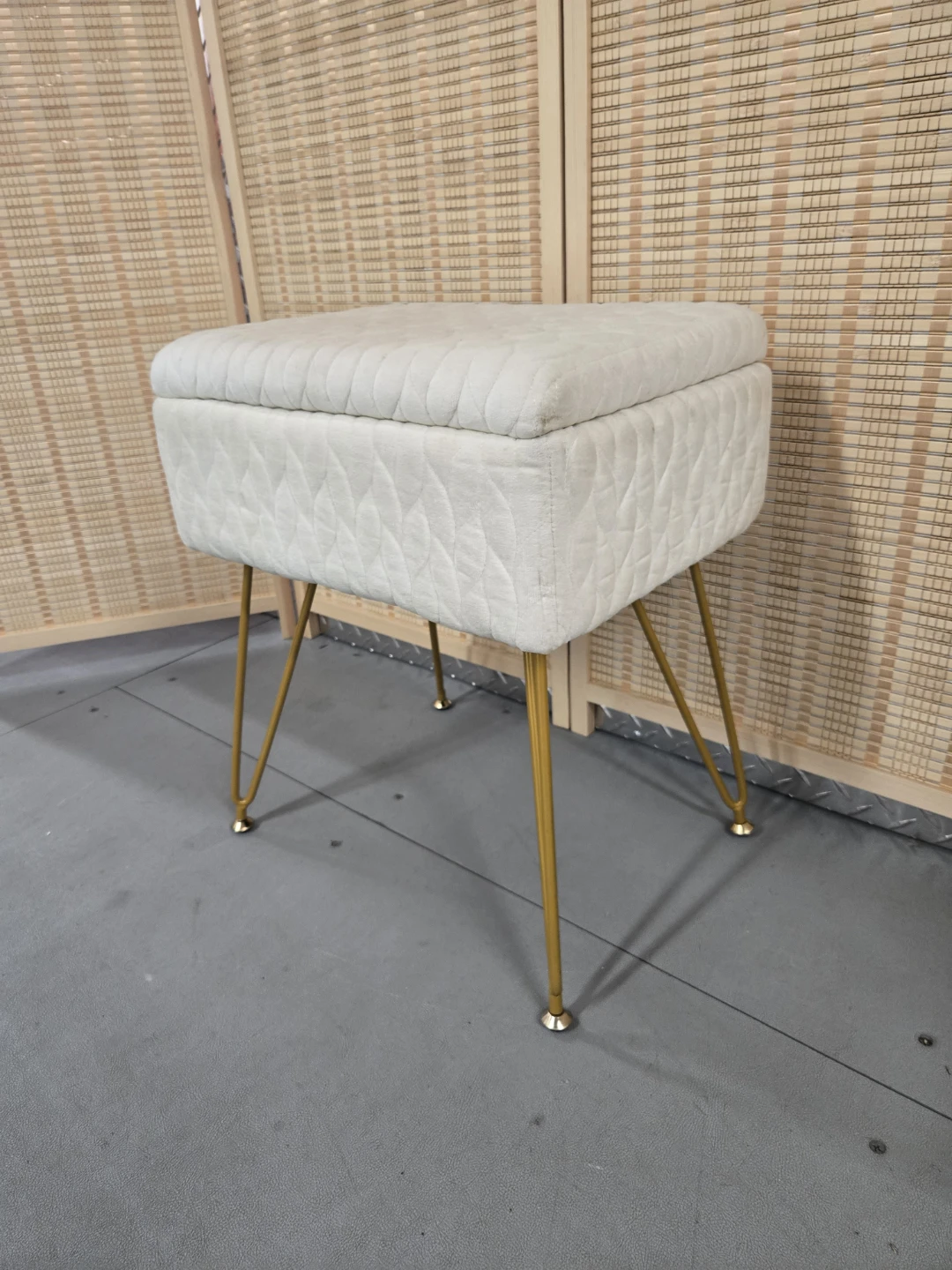 Quilted Storage Ottoman with Gold Hairpin Legs
