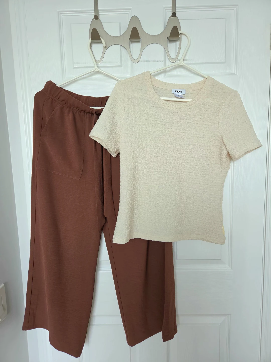 Textured Top and Brown Wide-Leg Pants Set