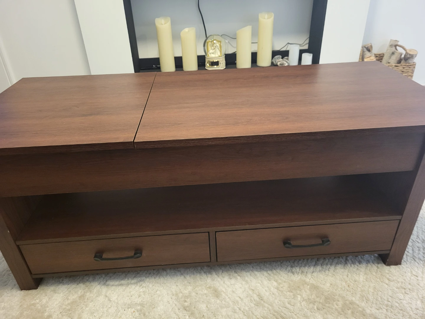 Cherry wood laminate coffee table fold out.
