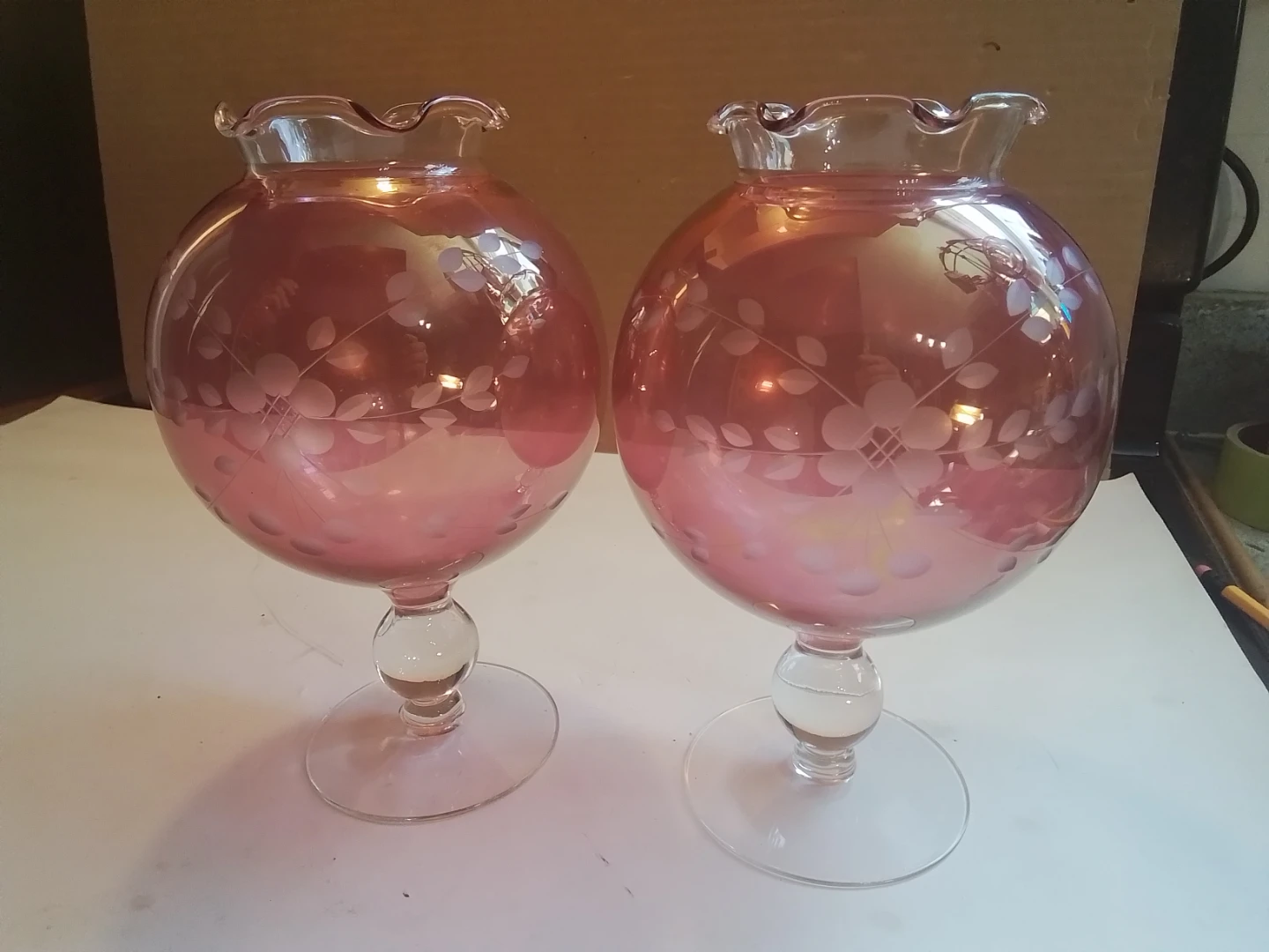 Pair of Pink Iridescent Glass Vases with Etched Flowers
