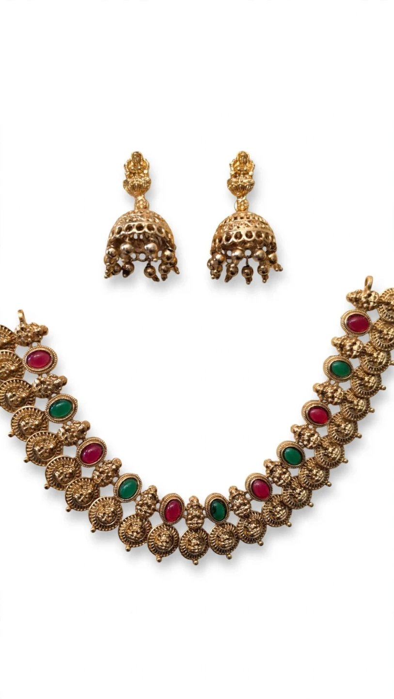 Gold Tone Necklace and Earrings Set with Red and Green Stones - photo 5