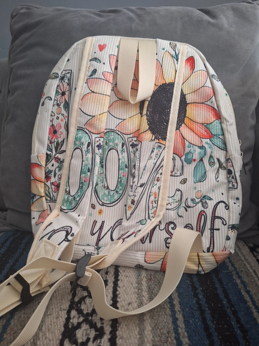 White Backpack with "Love Yourself" Sunflower Design - photo 2