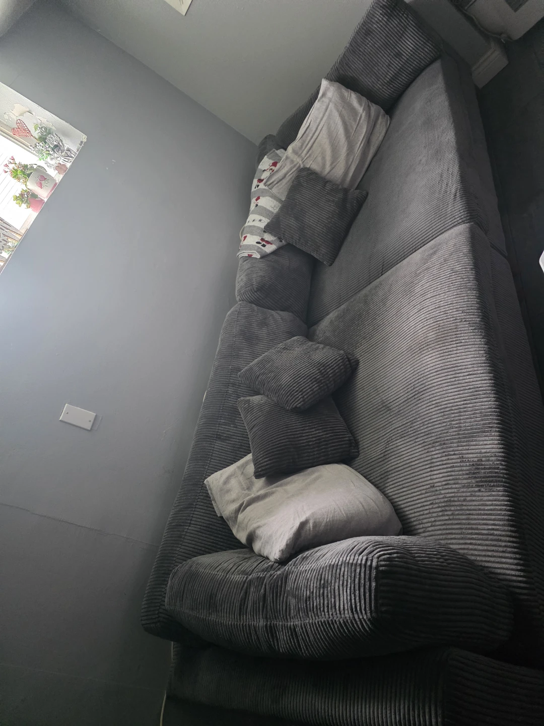 Grey Corduroy Sectional Sofa with Ottoman