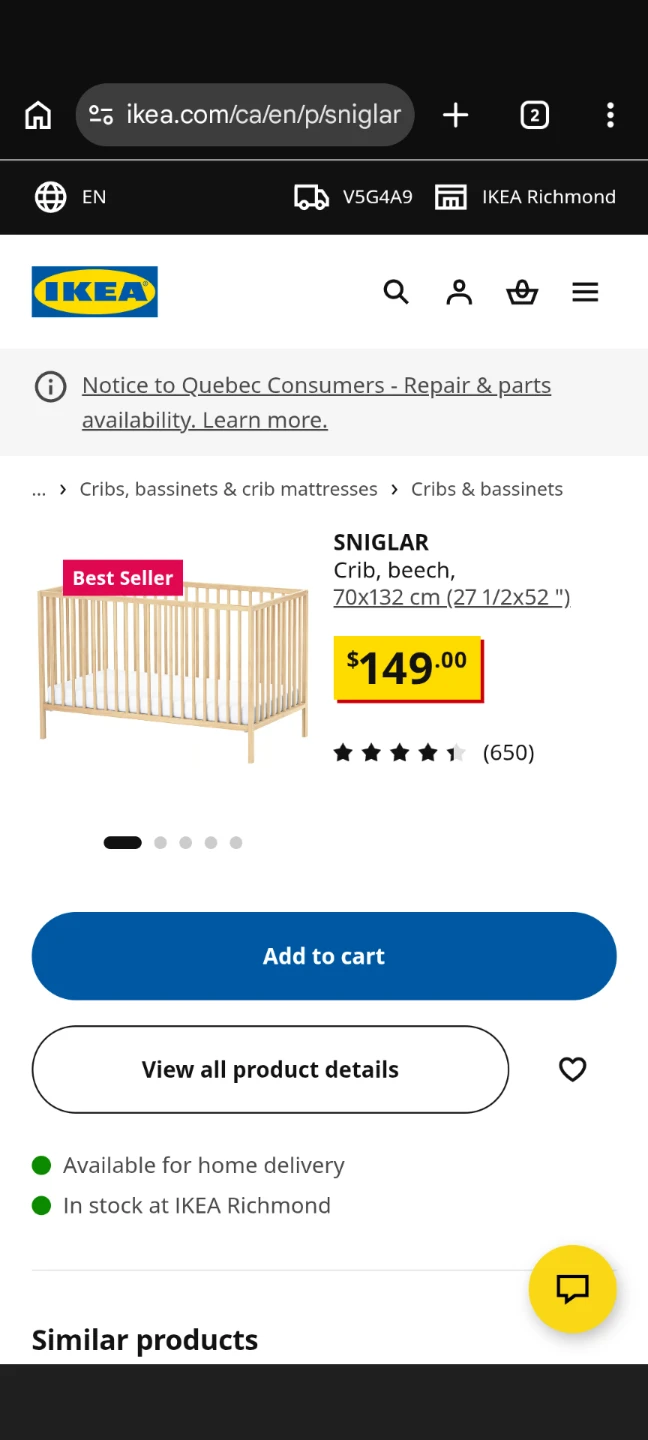 IKEA SNIGLAR Crib, Beech