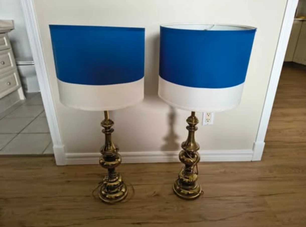 Pair of Brass Table Lamps with Blue and White Shades