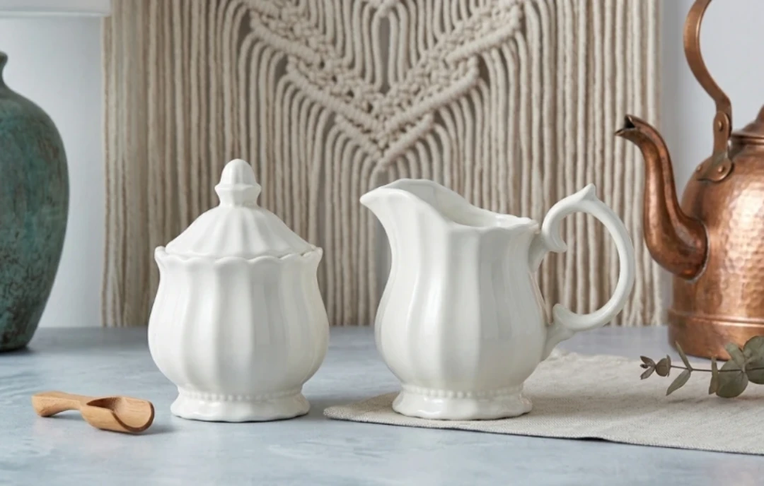White Ceramic Creamer and Sugar Bowl Set