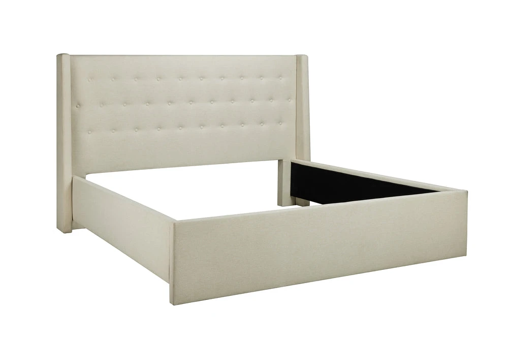 Queen Upholstered Wingback Bed Frame in Beige Fabric - photo 2