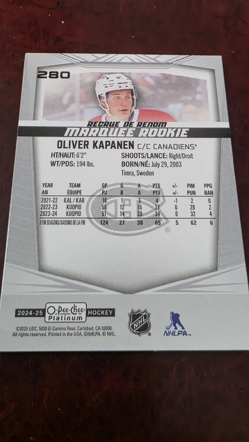 O-Pee-Chee Platinum Marquee Rookie Oliver Kapanen Hockey Card - photo 2