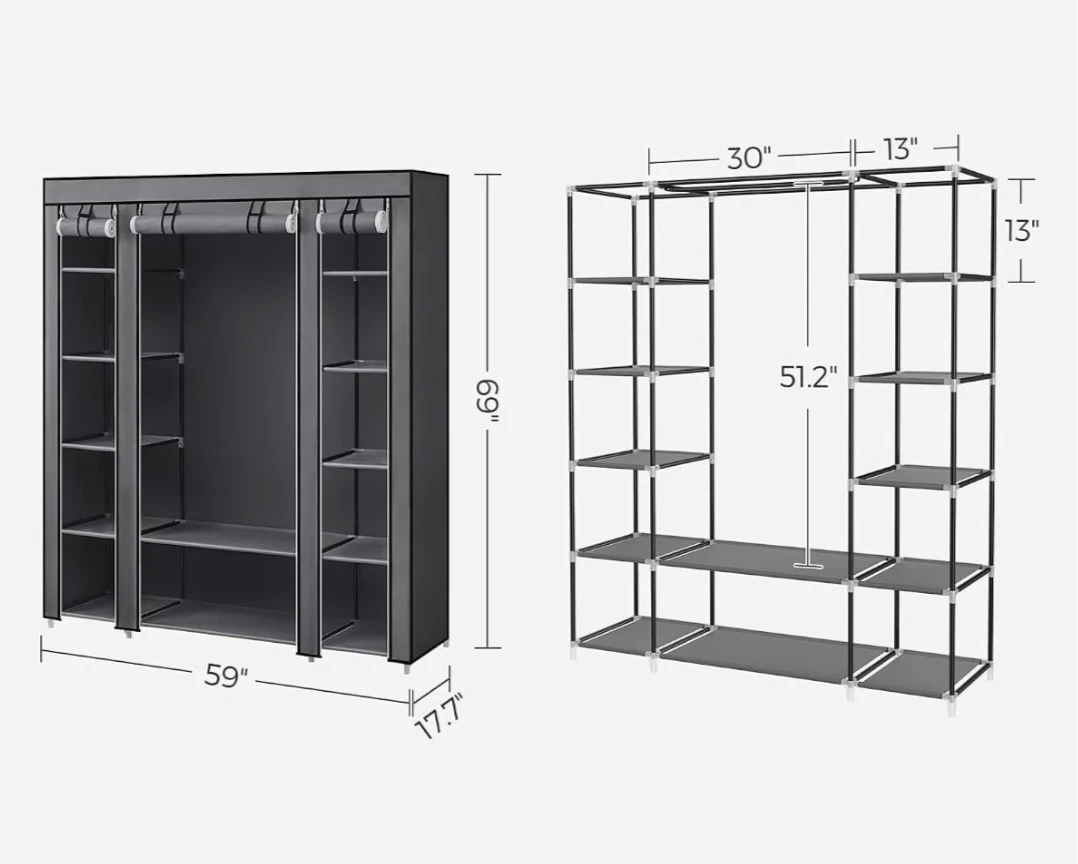 SONGMICS Portable Closet Wardrobe 59" x 17.7" x 69" Gray - photo 2