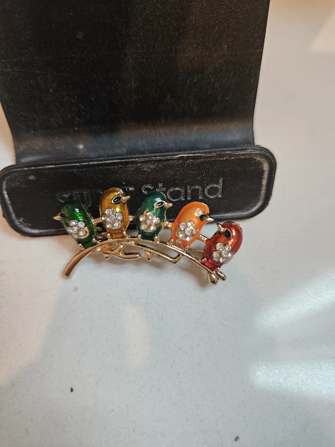 Gold-tone Brooch with 5 Colorful Birds