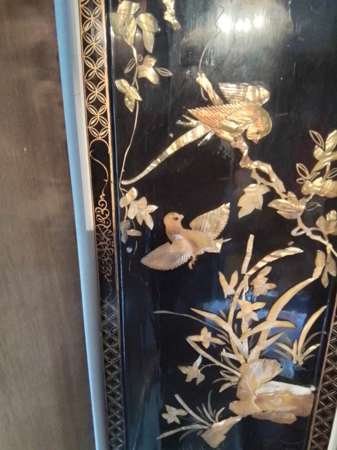 Vintage Black Lacquer Wall Panel with Birds and Flowers - photo 5