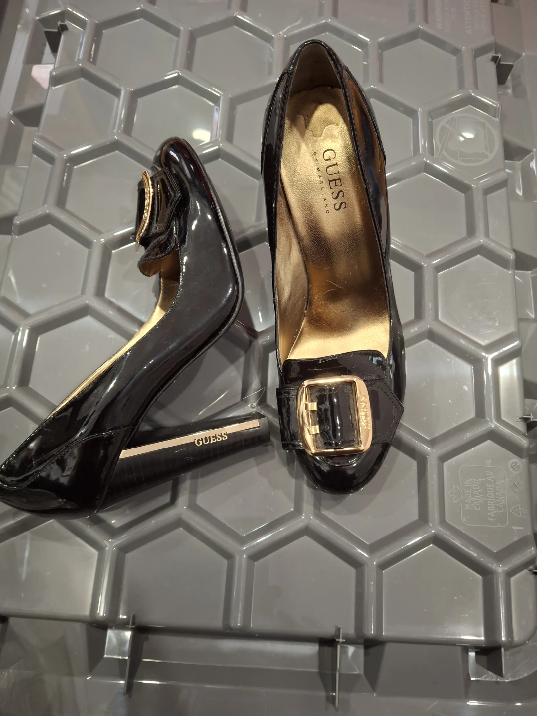 Guess Black Patent Heels with Gold Buckle