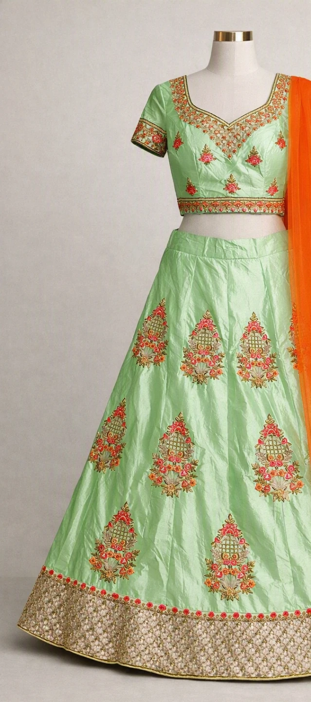 Green Embroidered Lehenga with Orange Dupatta