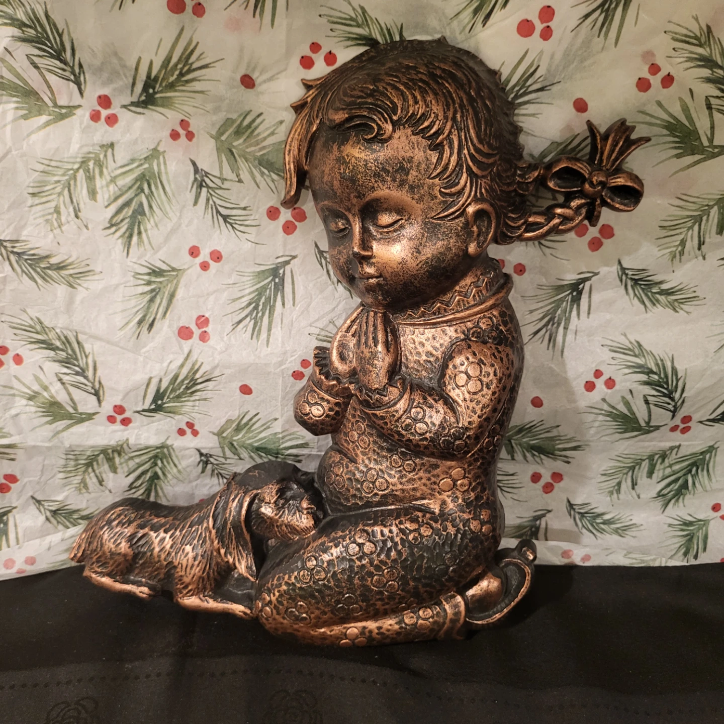 Copper Finish Praying Child with Dog Figurine