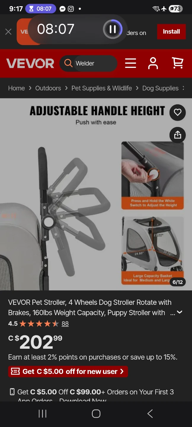 VEVOR Pet Stroller, 4-Wheel Brakes 160lbs - photo 3
