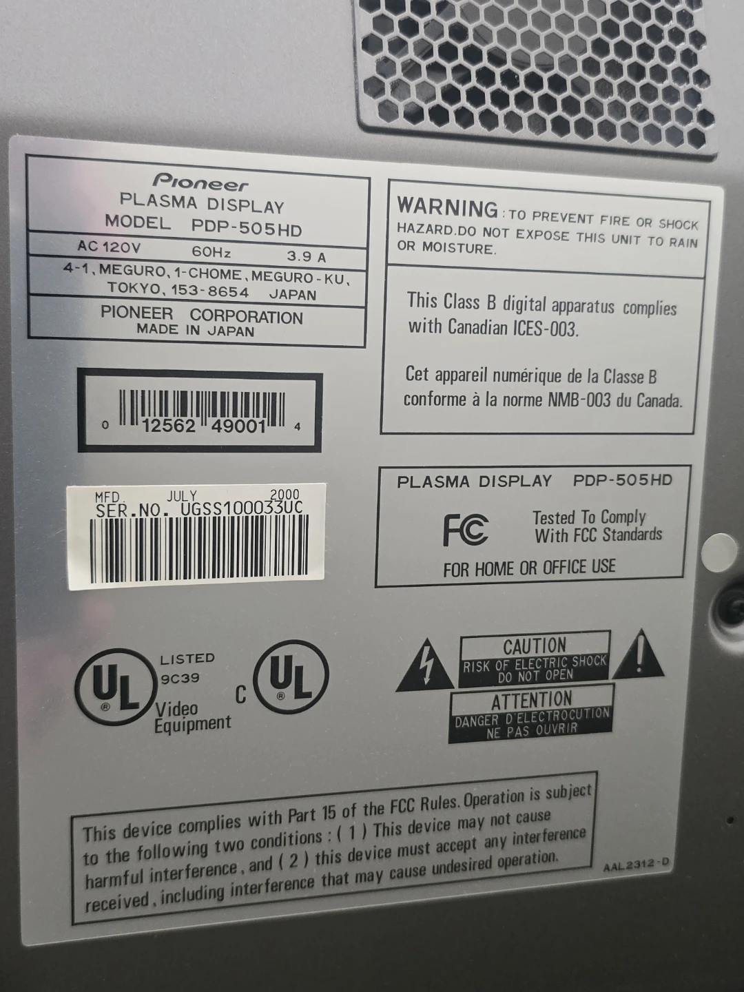 Pioneer Plasma Display PDP-505HD Television - photo 3