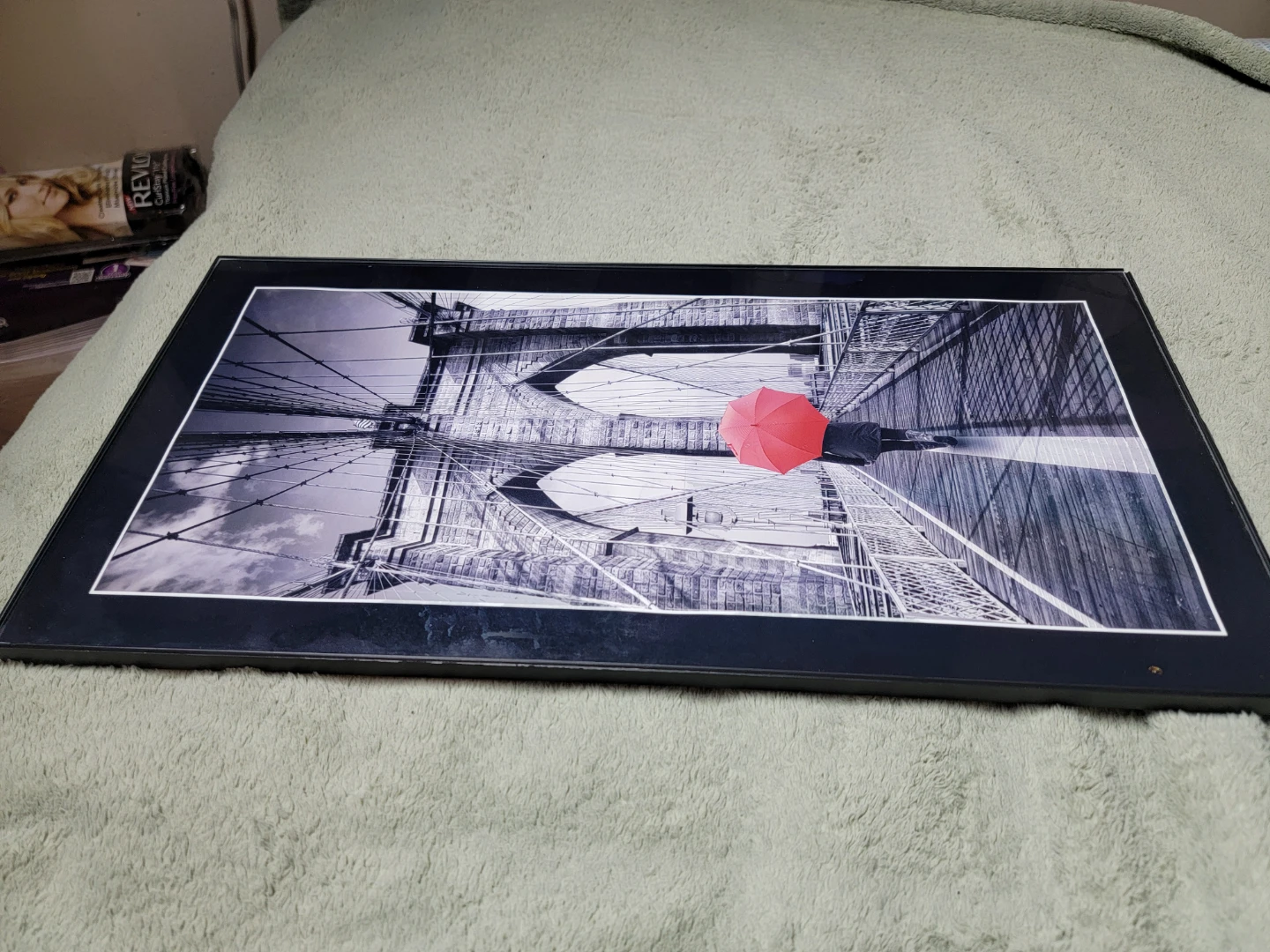 Framed Brooklyn Bridge Artwork with Red Umbrella - photo 4
