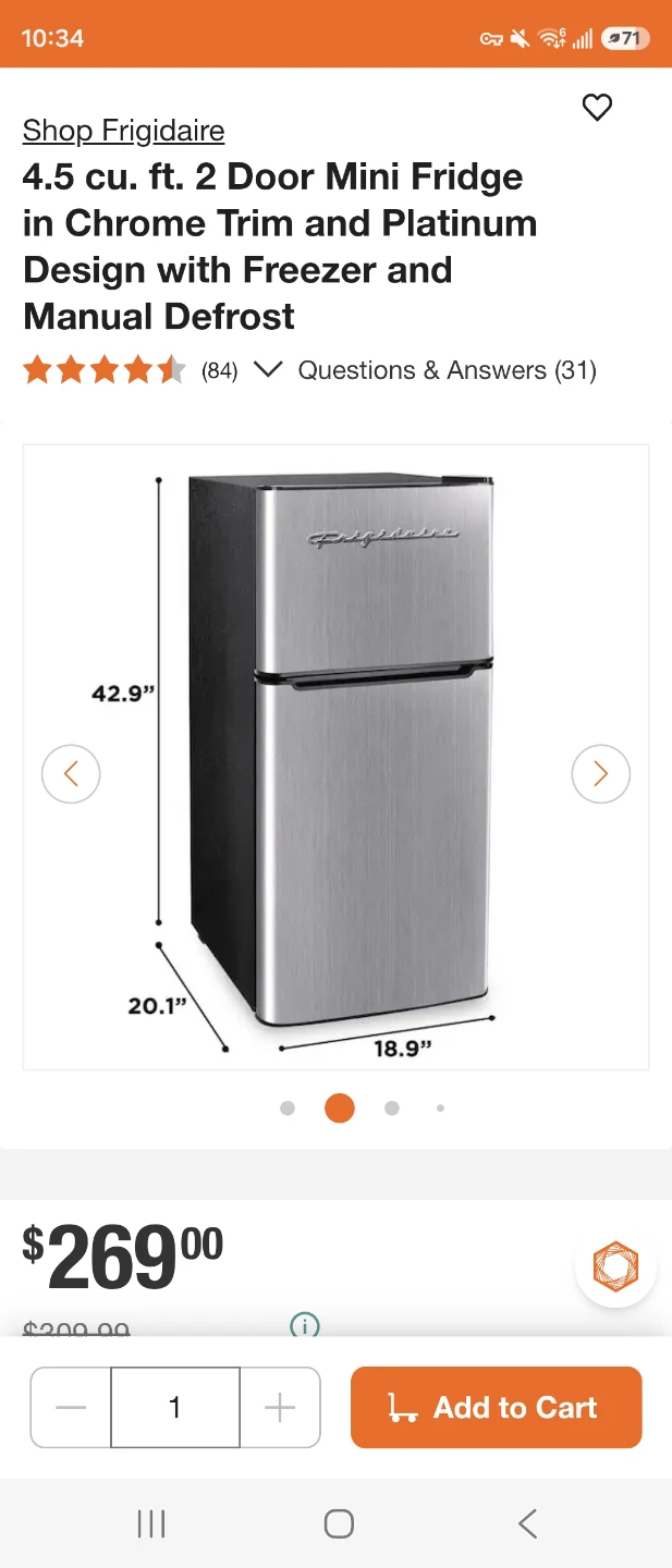 MINI FRIDGE FRIGIDAIRE 4.5 cu.ft. STAINLESS STEEL TOP MOUNT