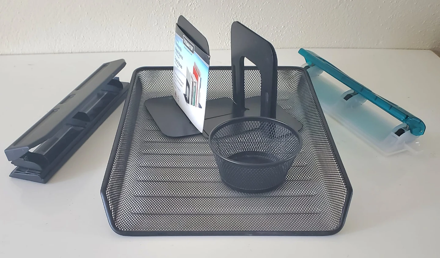 6-Piece  Desk Organizer(Mesh Tray, Bookends, 2 Hole Punches)