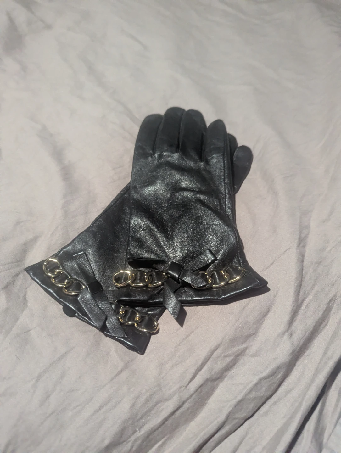 Michael Kors Black Leather Gloves with Gold Chain Detail
