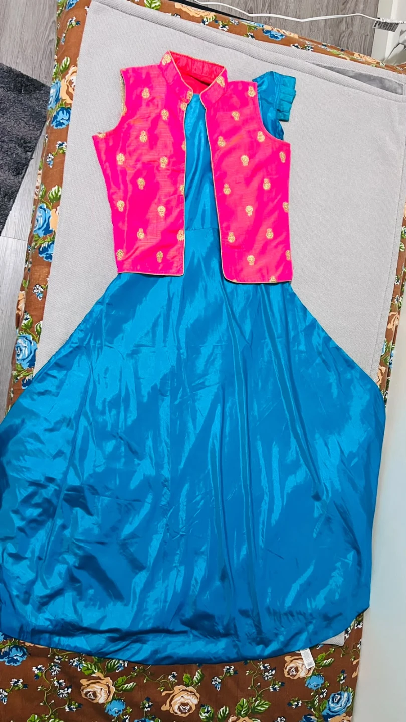 Gown  Blue Dress with Pink Brocade Vest