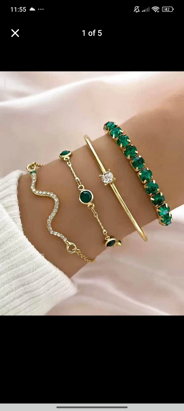Set of 4 Gold Bracelets with Green and Clear Stones