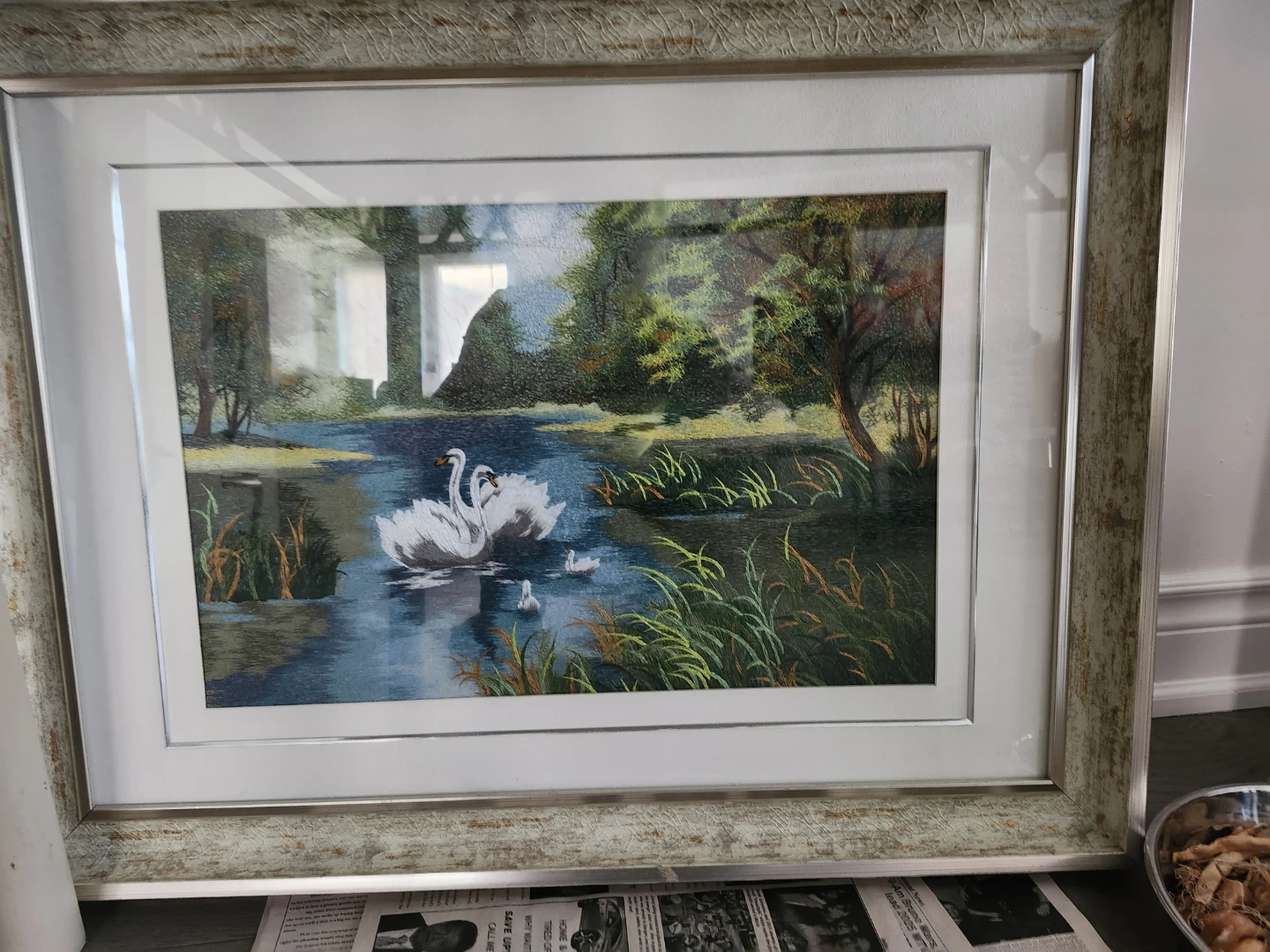 Framed Swan Embroidered Art