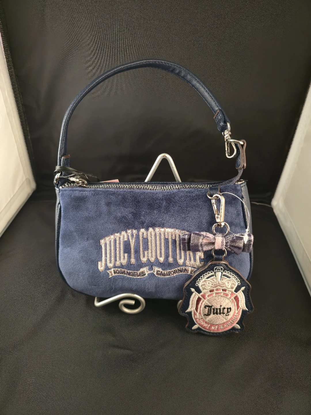 Juicy Couture Navy Blue Velvet Shoulder Bag with Charm