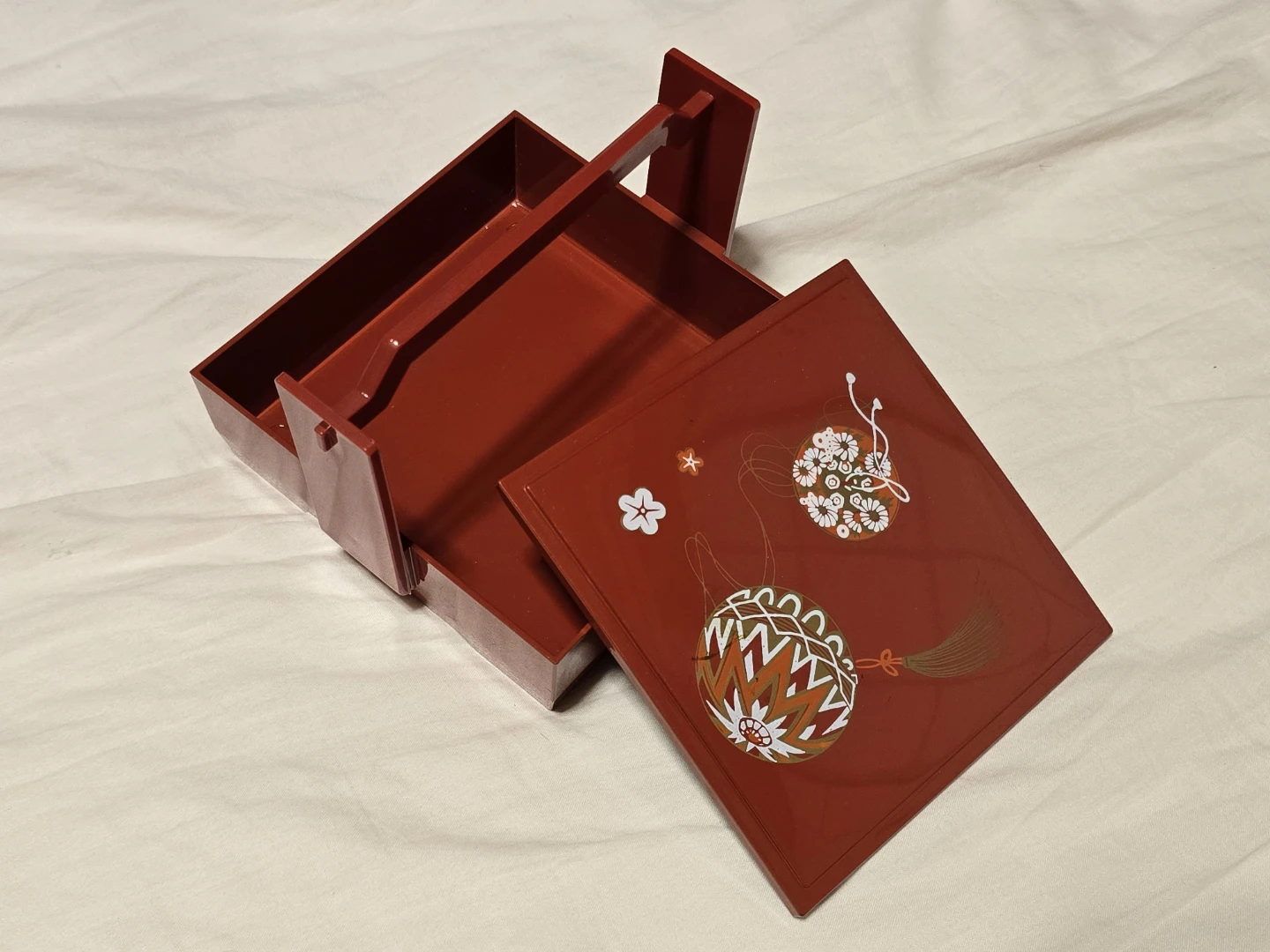 VINTAGE  Red Lacquer plastic Bento/sewing  Box with Handle