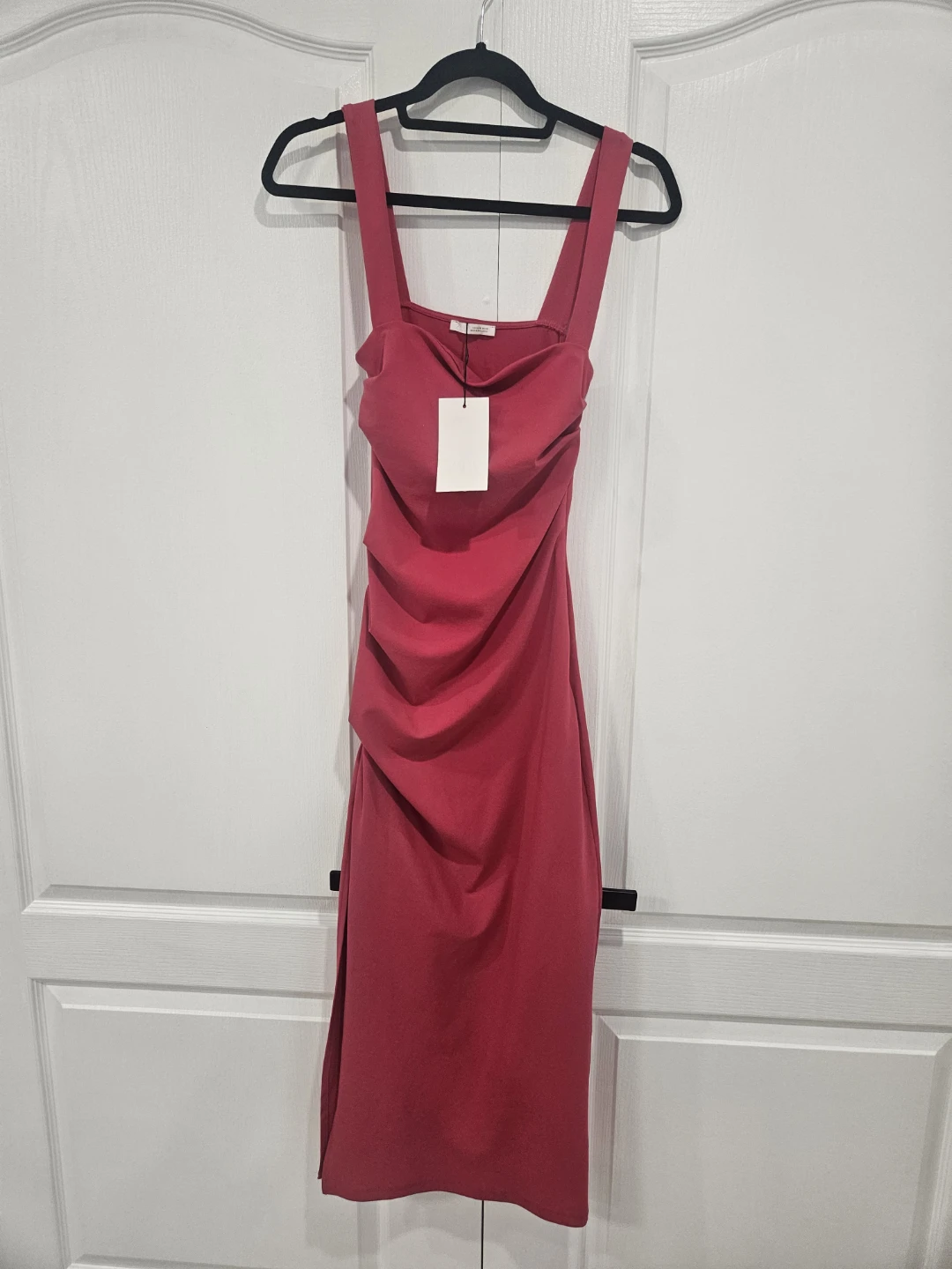 Pink Ruched Midi Dress with Square Neck