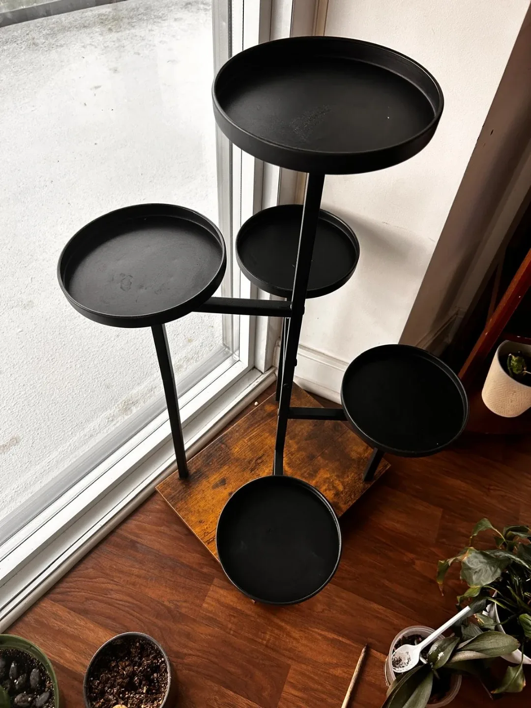 Black Metal Plant Stand with Wood Base