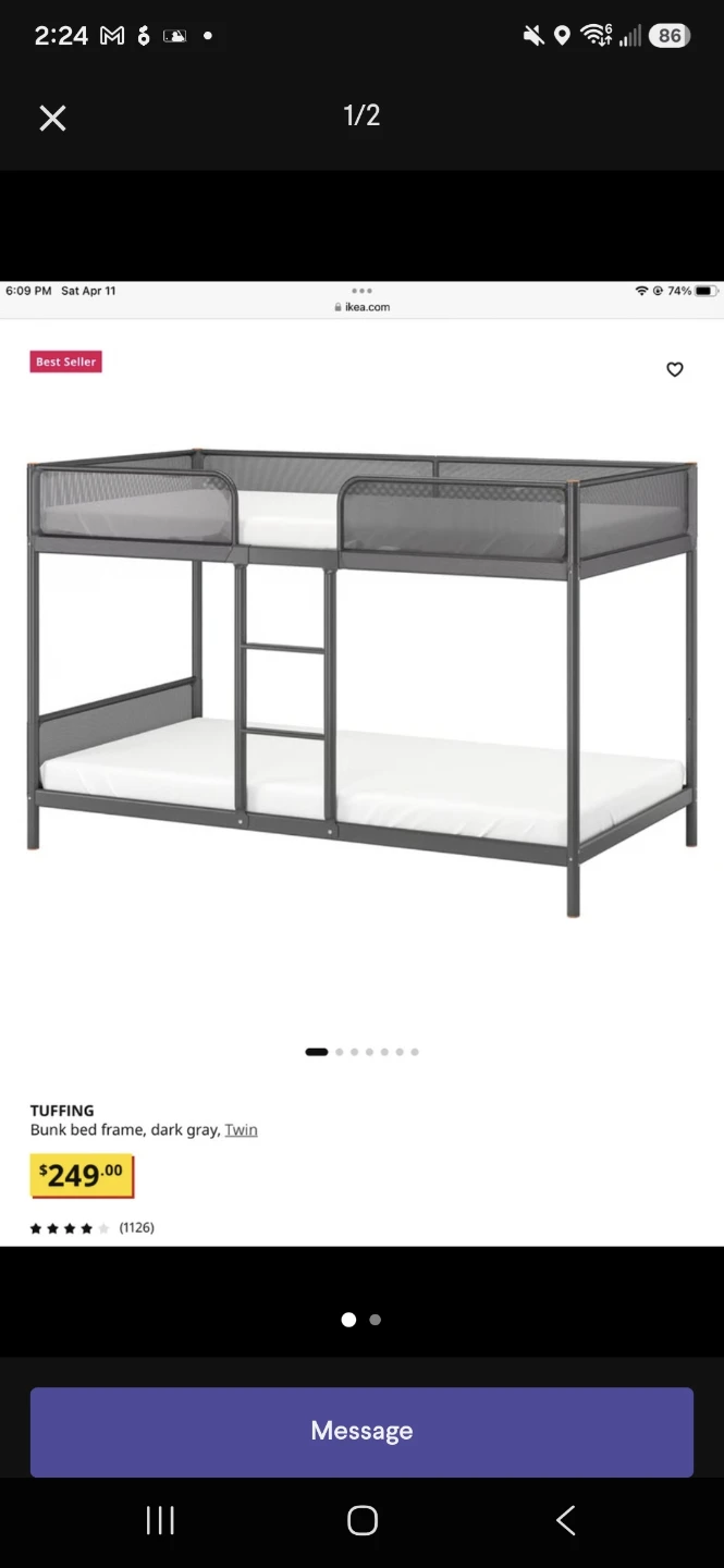 IKEA TUFFING Bunk Bed Frame, Dark Gray, Twin
