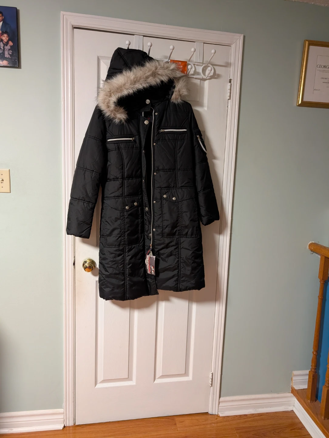 Black Puffer Coat with Fur-Trimmed Hood