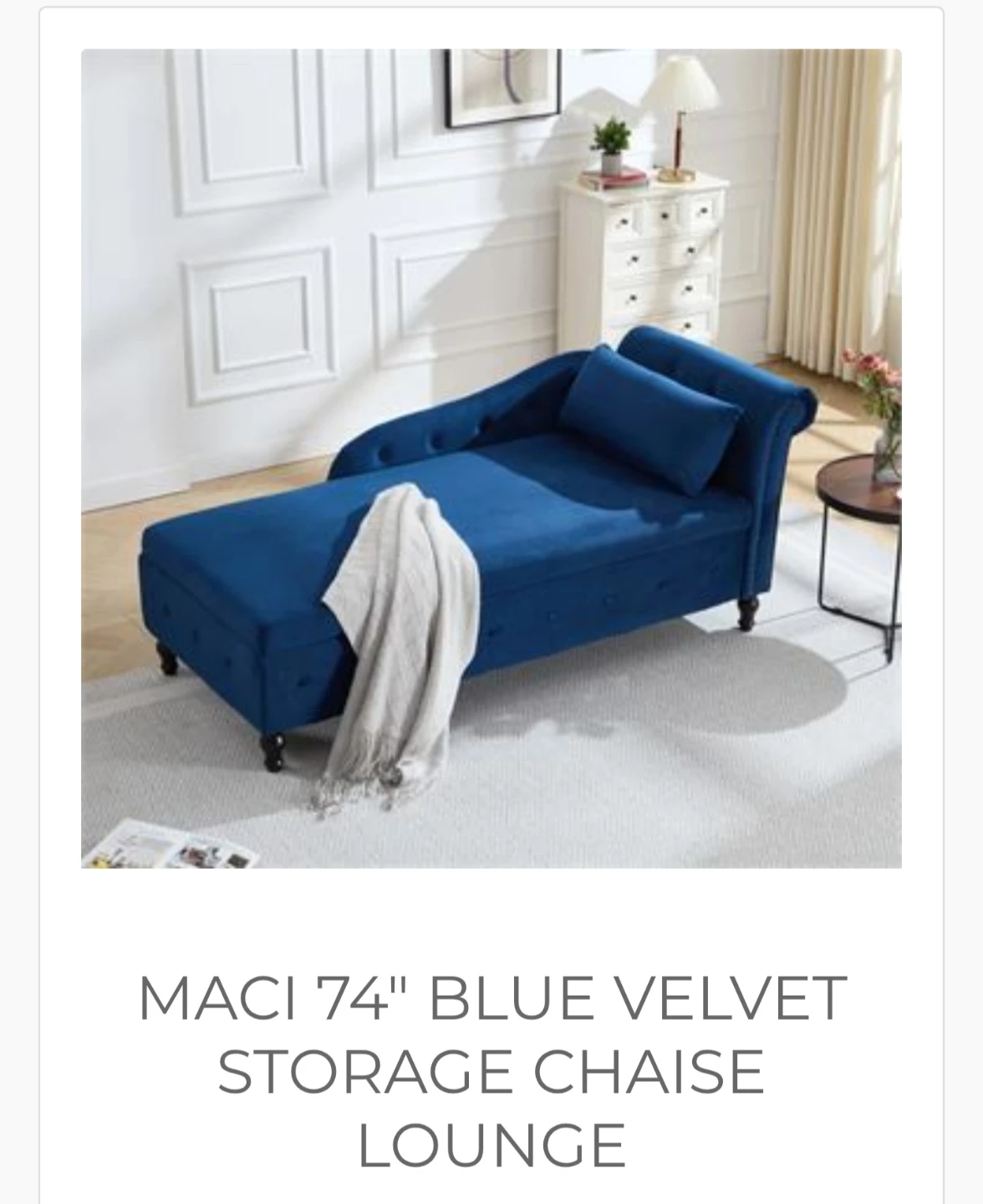 Maci 74" Blue Velvet Storage Chaise Lounge