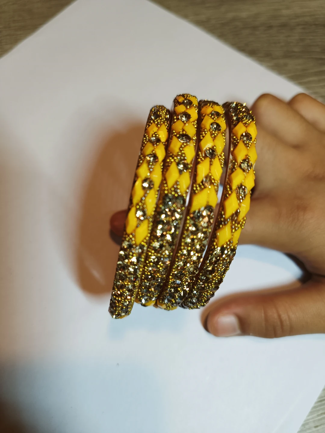Set of 4 Yellow Bangles with Rhinestone Embellishments