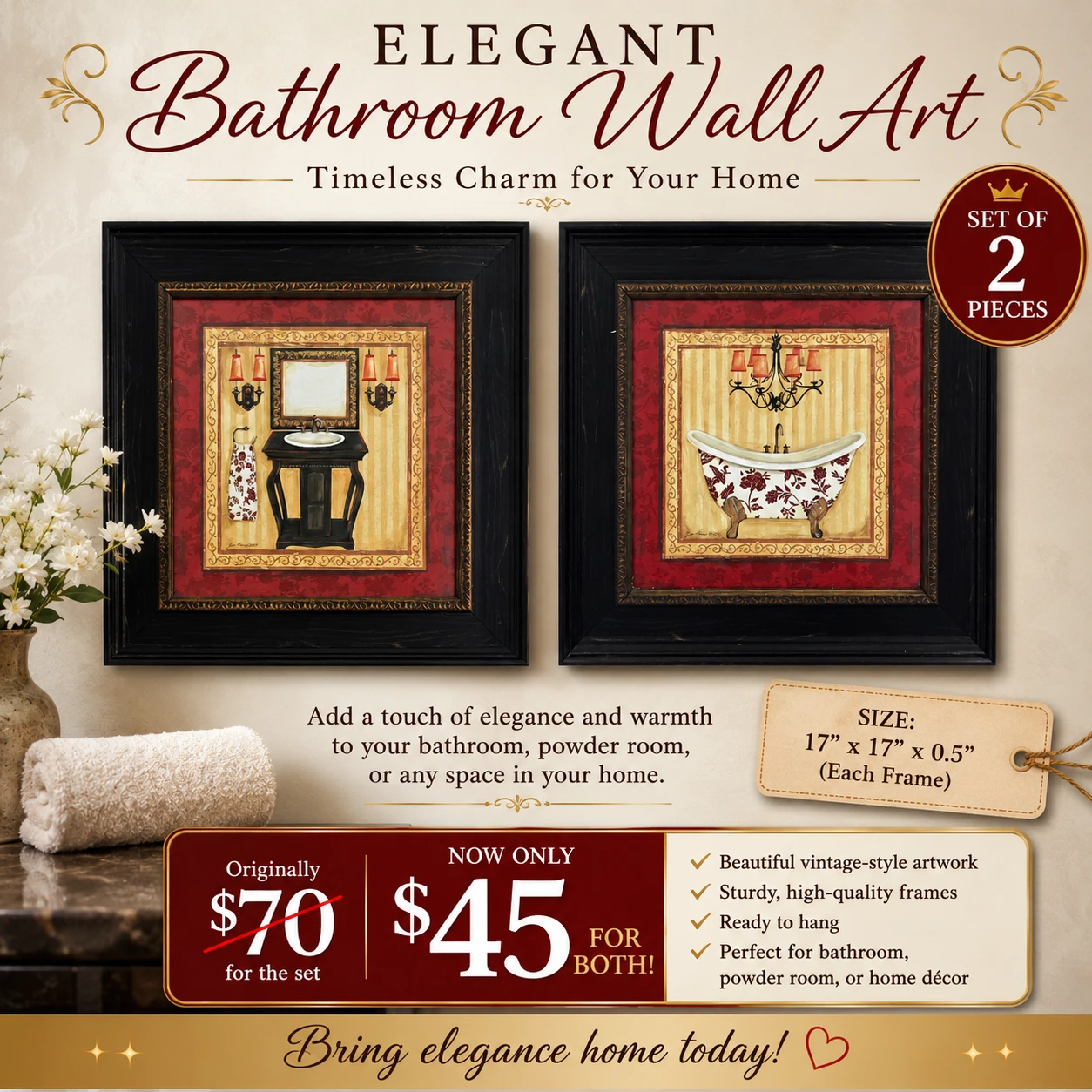 Elegant Bathroom Wall Art - Set of 2 Pieces