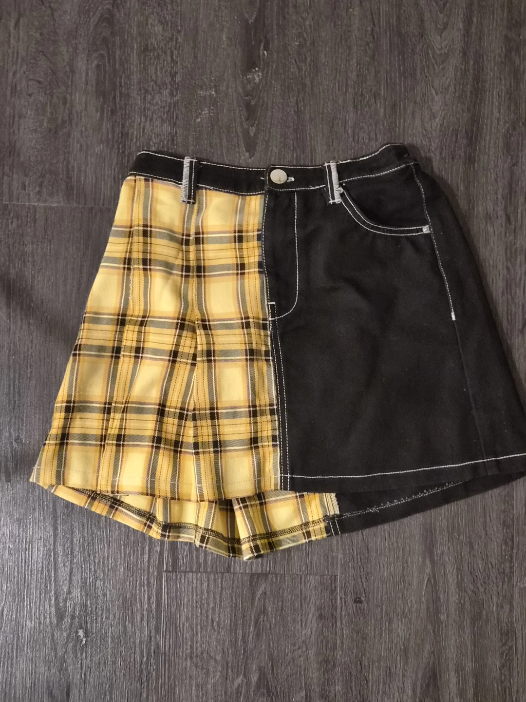 Split Plaid & Black Denim Mini Skirt