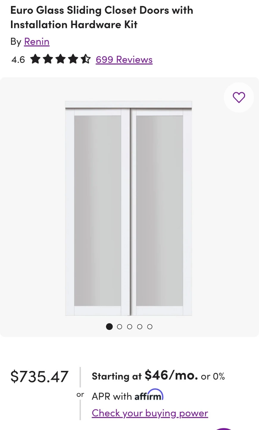 Renin Euro Glass Sliding Closet Doors with Hardware Kit