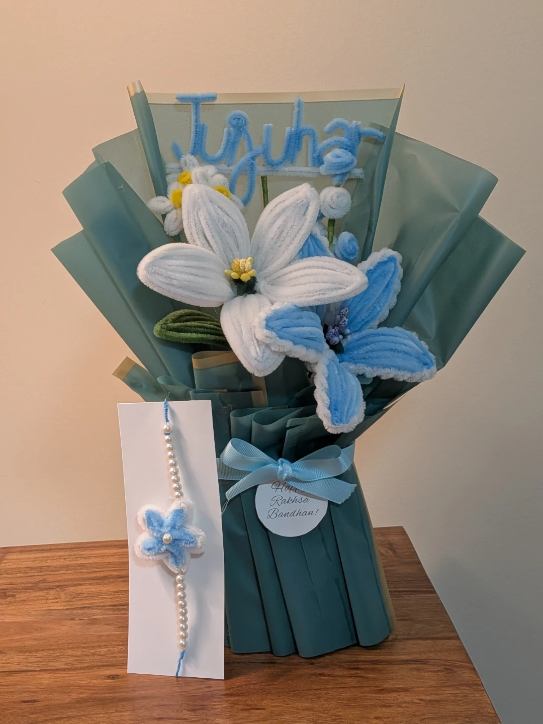 Nush customized Handmade Pipe Cleaner Flower Bouquet with Rakhi - photo 3