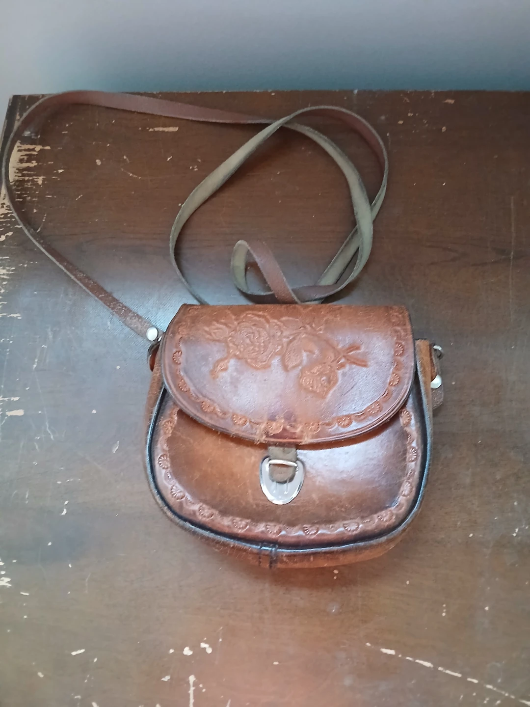 Brown Leather Embossed Crossbody Bag