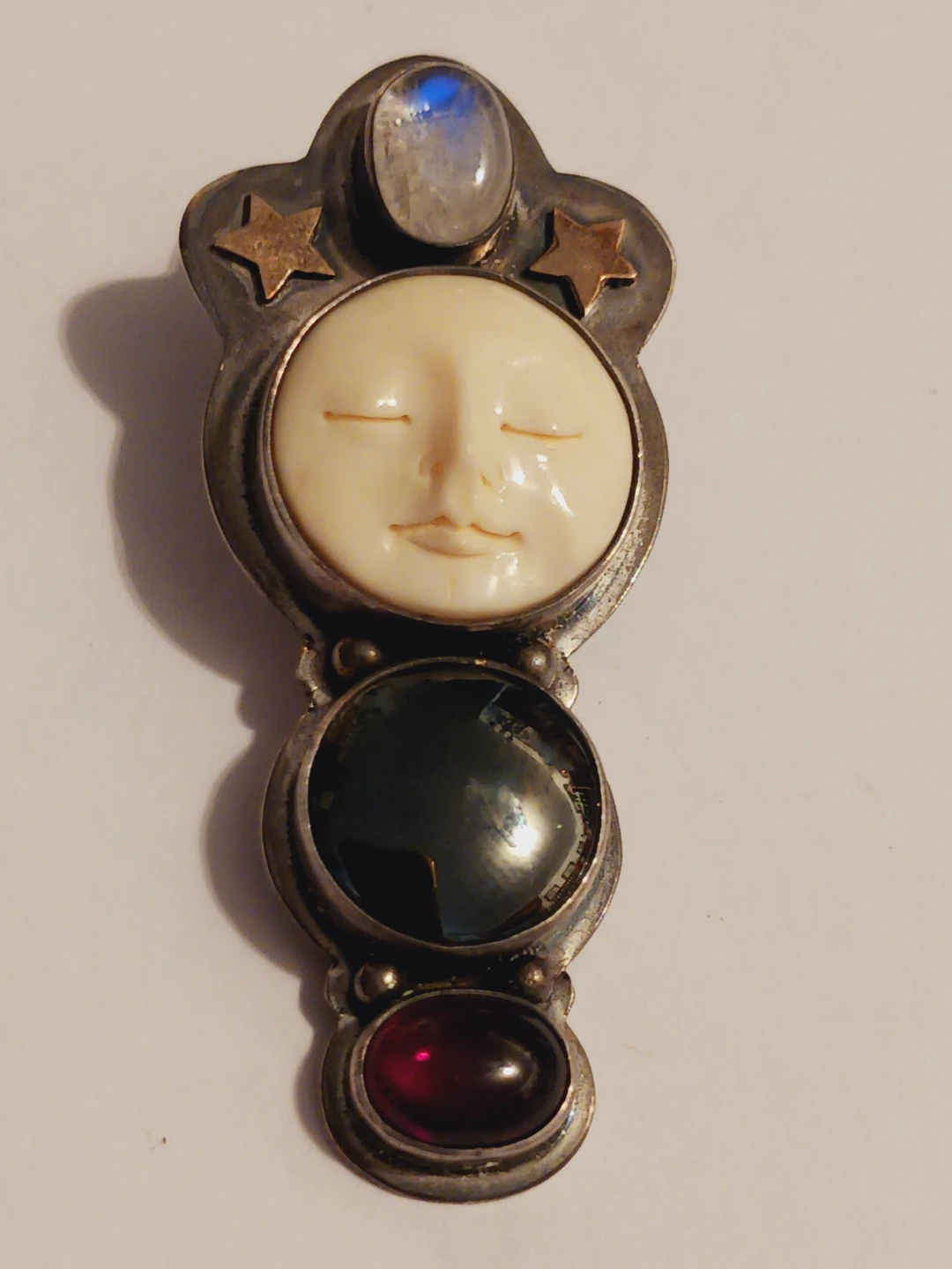 Sterling Silver Rainbow Moonstone Carved Bone Pendant