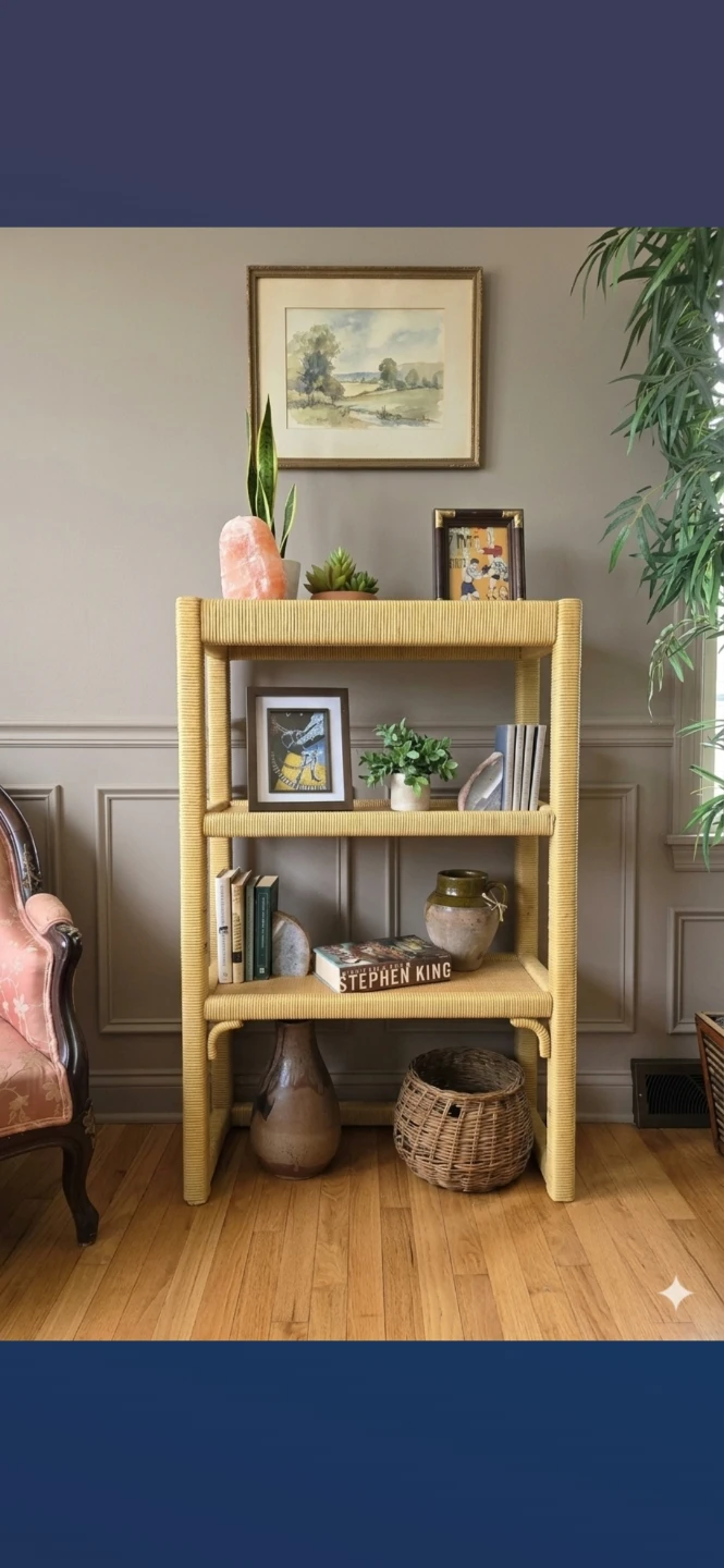 Vintage Slim Three Tier Solid Wood Construction  Rattan Bookcase