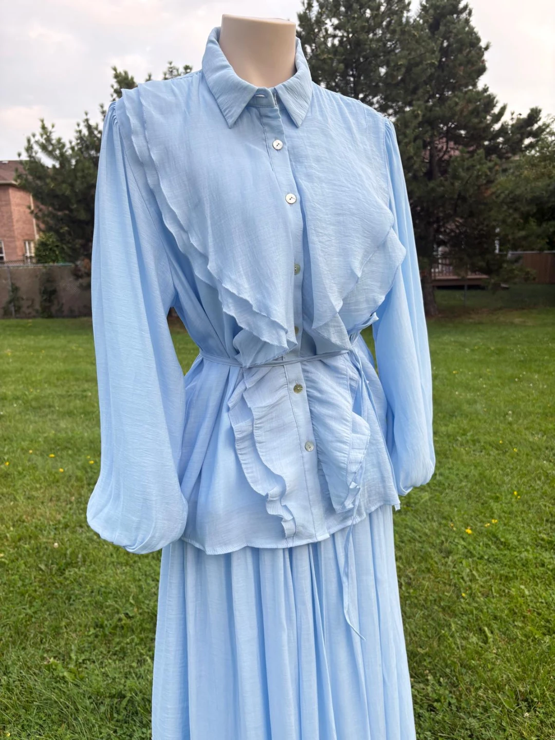 Light Blue Ruffle Button-Up Shirt and Skirt Set - photo 2