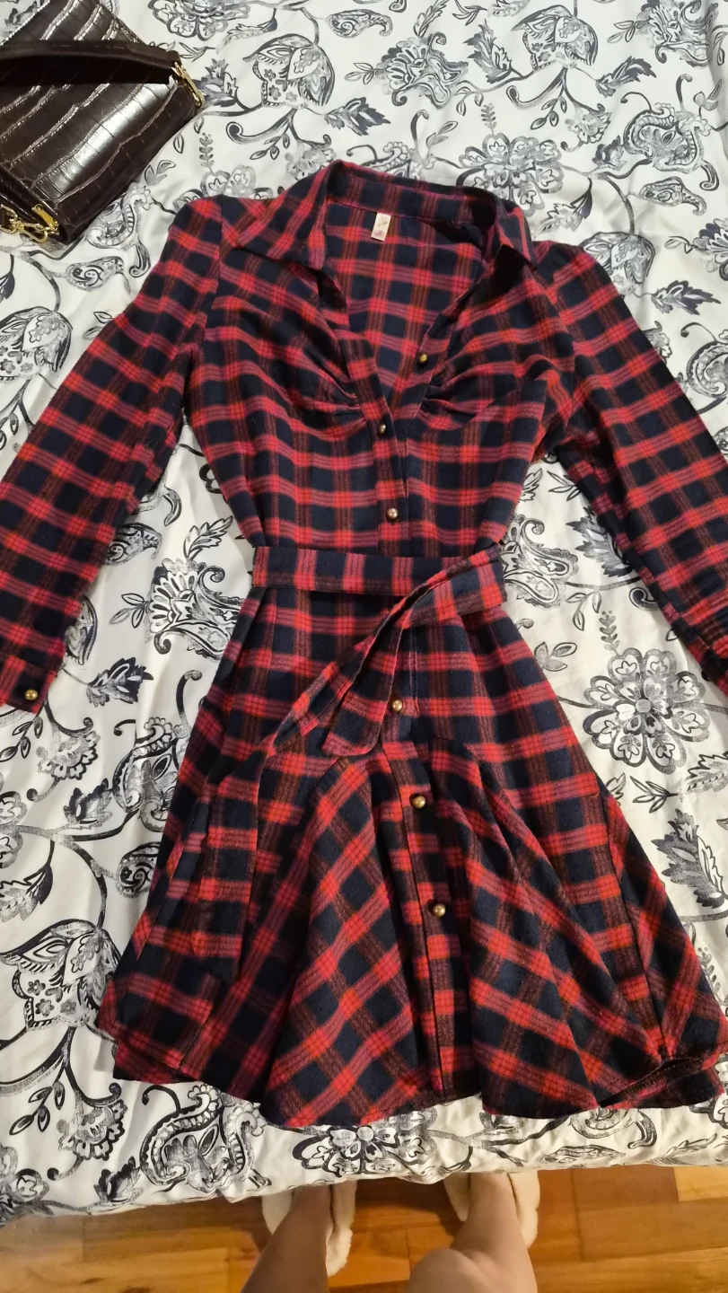 Red and Navy Plaid Shirt Dress
