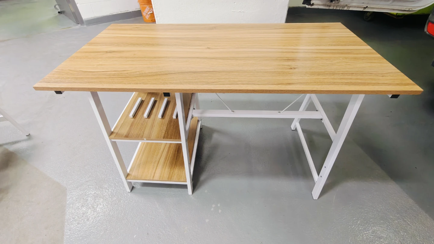 Wooden Top Desk with White Frame and Shelves