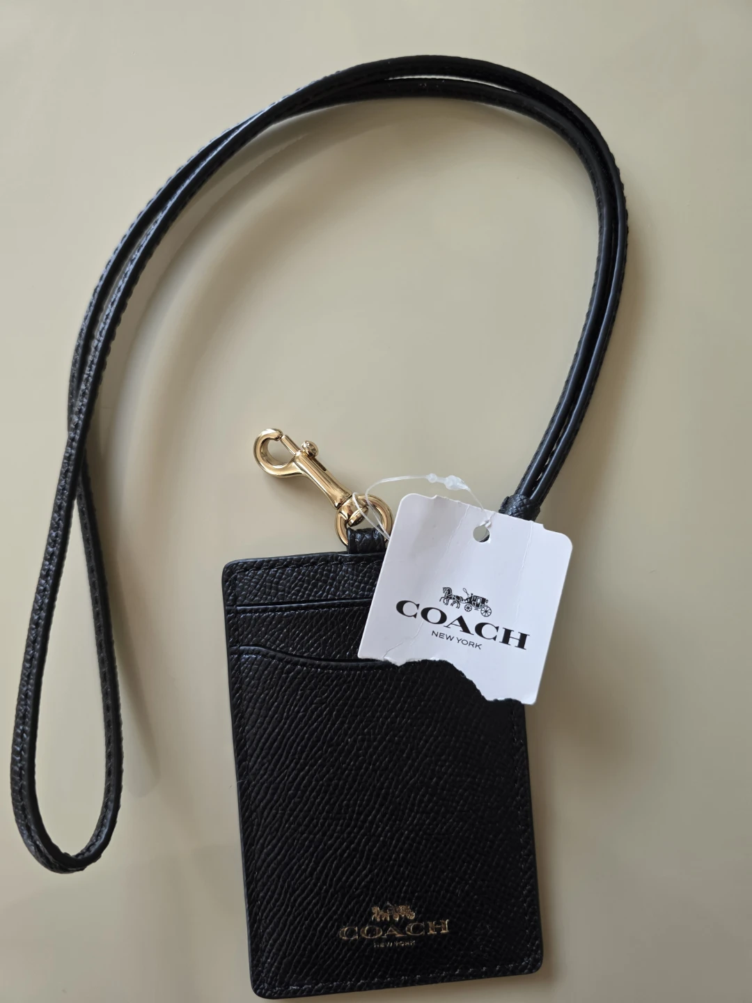 Coach Black Leather ID Card Holder Lanyard