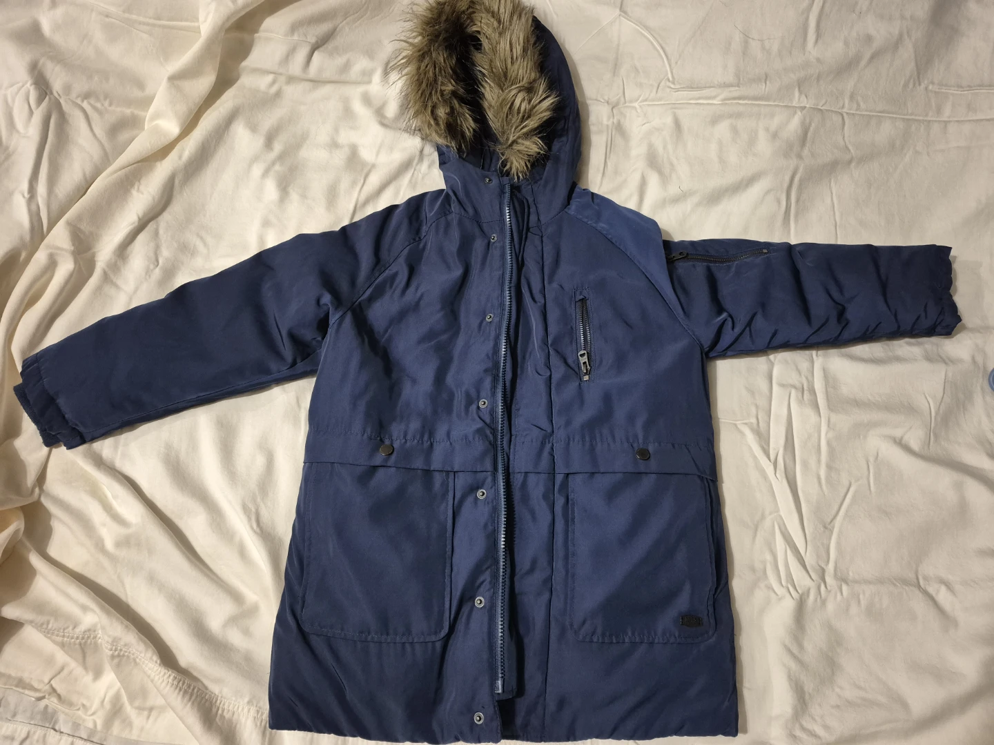 Blue Zara Kids parka with faux fur hood size 8
